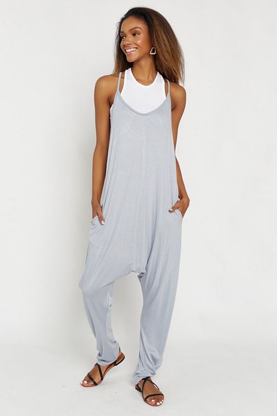 Hopoi Women's Gray Back Detailed Loose Jumpsuit 25086