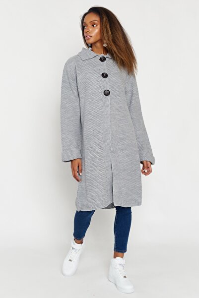 Hopoi Сірий кардиган середньої довжини - дитячий комір і ґудзики