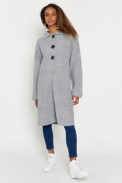 Hopoi Сірий кардиган середньої довжини - дитячий комір і ґудзики