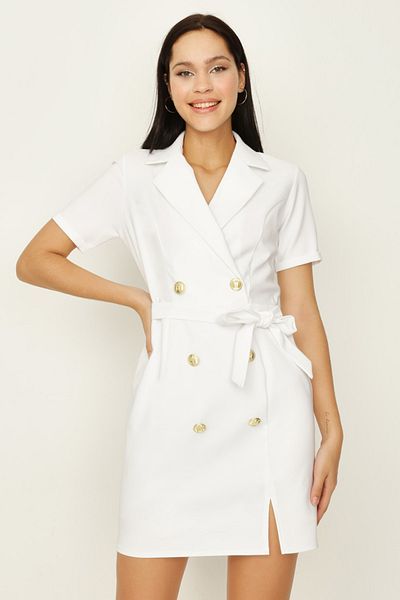 Select Moda Rochie jachetă cu curea cu nasturi albi pentru femei