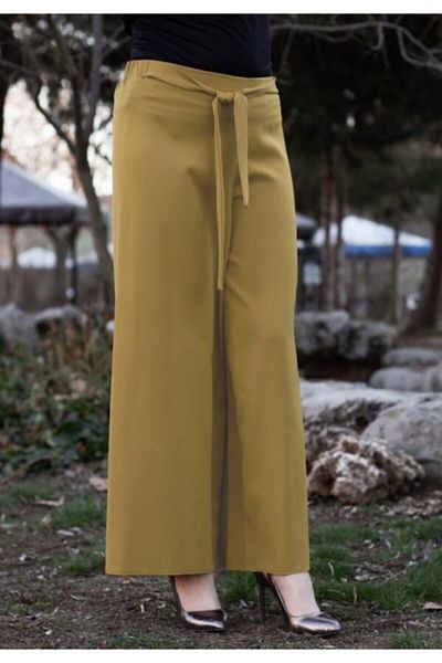 Modakenti Elastic Waist Belted Wide Leg Trousers Light Yellow
