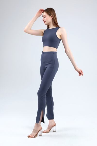 Grenj Fashion Smoked Ribbed High Waist Tights with Slit Detail on the Sides
