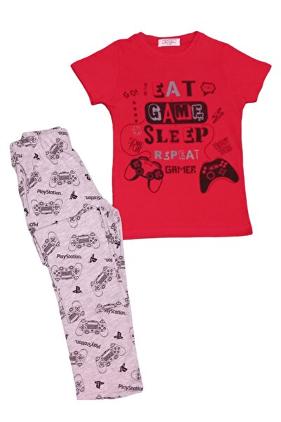 Newteam Patterned Short Sleeve Pants Boy's Pajama Set, Age 3, Red