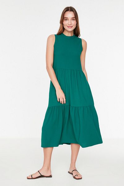 Trendyol Collection Σμαραγδένιο Πράσινο Μετατόπιση/Στάση σε ίσια κοπή γιακά Midi υφαντό φόρεμα TWOSS20EL1864