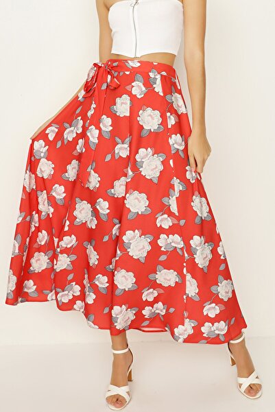 Select Moda Women's Red Floral Patterned Belted Flounce Long Skirt