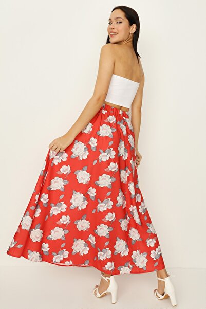 Select Moda Women's Red Floral Patterned Belted Flounce Long Skirt