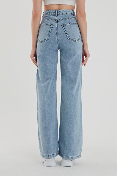 Ramrod Kadın Mavi Kar Yıkama Süper Yüksek Bel Likralı Bol Paça Denim Kot Pantolon