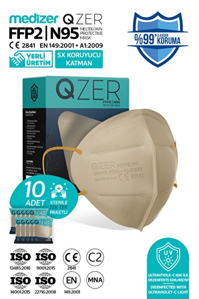 Medizer Qzer 10 Adet Krem Renk 5 Katmanlı Ffp2 Maske