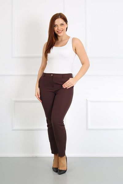 By Alba Collection Brown Dumbbell Fabric - Large Size Women's Trousers with Elastic Waist