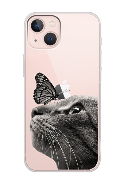 Spoyi Iphone 13 Kedi Kelebek Tasarımlı Uyumlu Şeffaf Telefon Kılıfı