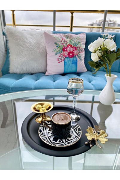 Mira züccaciye Gold Kelebekli Yuvarlak Siyah Sunum Tepsisi, Dekoratif Servis ...