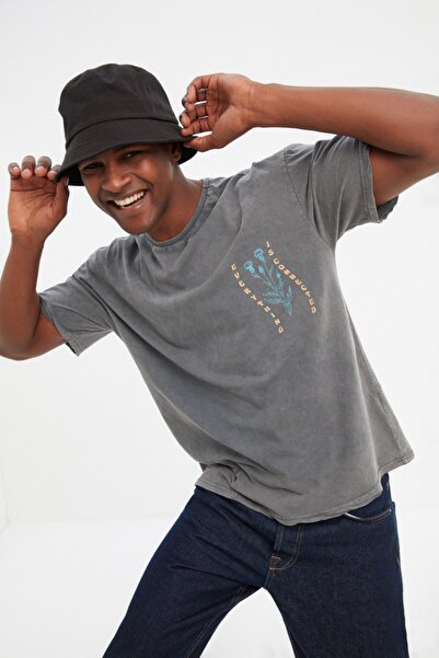 Trendyol Collection Anthracite Comfortable Cut T-Text Printed T-Shirt - TMNSS21TS3288