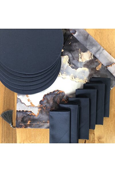 desen izmir Amerikan Servis,gri Mermer 6 Supla,6 Peçete Ve Runner Tk 6