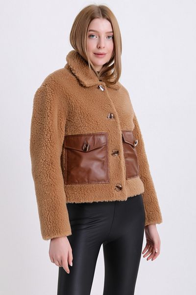 Leather Club سترة صوفية من جلد الخراف البني مع إكسسوارات
