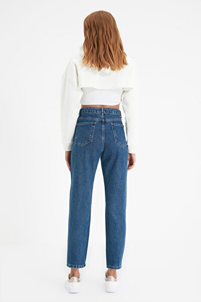 Trn JNS Medium Blue High Waist Lycra Mom Jeans Denim Jeans