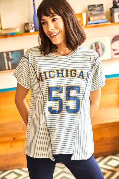 Olalook Women's Ecru Striped Piece Knitted T-Shirt TSH-19000635