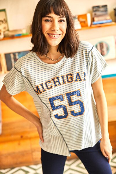 Olalook Γυναικείο εκρού ριγέ Πλεκτό T-Shirt TSH-19000635