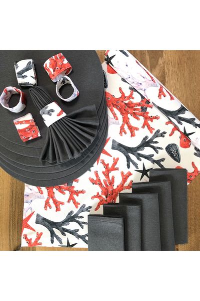 desen izmir American Service, Red Coral 6 Plates, 6 Napkins, 6 Napkin Rings and Runner Tk5