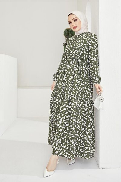 benguen Χακί Γυναικείο Φόρεμα - Μοτίβο Μαργαρίτα