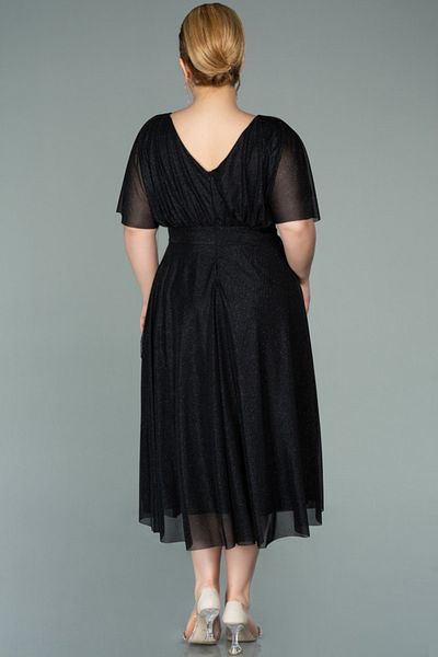 Abiyefon Black Short Sleeve Midi Glitter Plus Size Evening Dress Abk1253