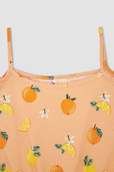 DeFacto Girl's Orange Patterned Strappy Cotton Combed Summer Short Jumpsuit