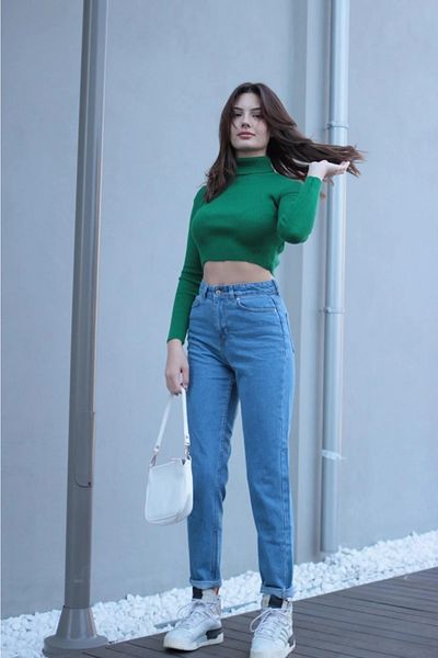 Trn JNS Mia Albastru Deschis Talie Înaltă Lycra Mom Jeans Blugi Denim