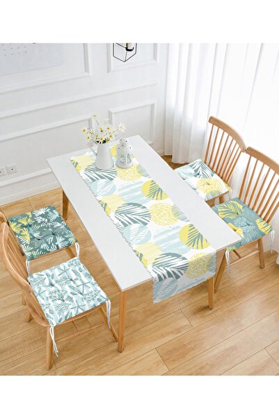 Realhomes Modern Yaprak Tasarımlı 4 Pofidik Sandalye Minderi Ve 1 Runner Seti
