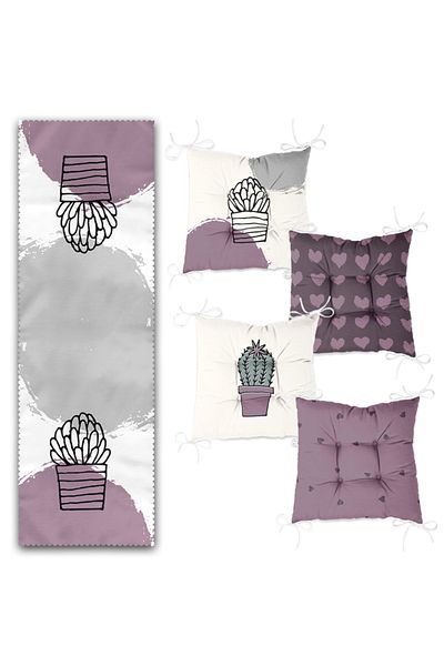 Realhomes Fusya Floor Cactus & Heart Designed Set of 4 Fluffy Chair Cushions and 1 Runner