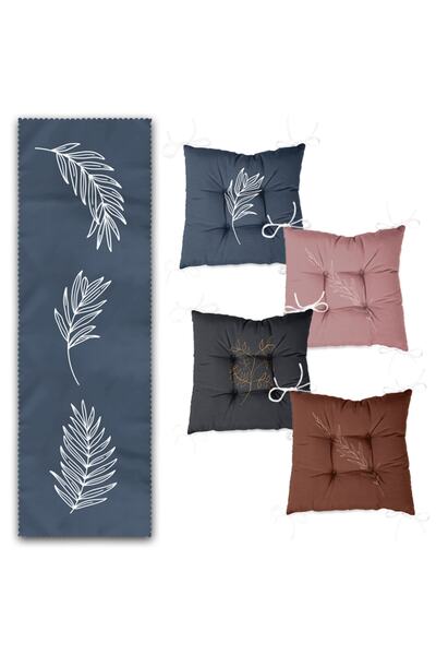 Realhomes Colorful Floors Feather Drawing Special Design Set of 4 Pouf Chair Cushions and 1 Runner
