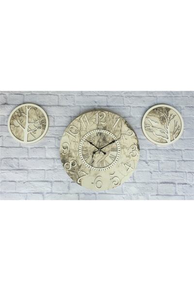 Markakanvas Mermer Desenli Beyaz Renk Duvar Saati Ile Daldaki Kuş Ve Hayat Ağ...