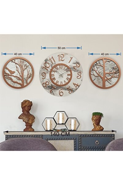 Markakanvas Mermer Desenli Bakır Renk Duvar Saati Ile Daldaki Kuş Ve Hayat Ağ...