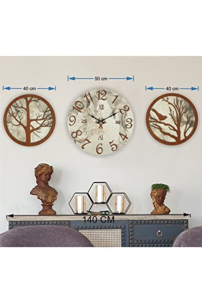 Markakanvas Mermer Desenli Kahverengi Renk Duvar Saati Ile Daldaki Kuş,hayat Ağacı Tablo38x38x50cm