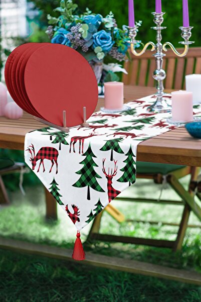 Realhomes Ekose Geyik & Çam Ağacı Motifli Üçgen Püsküllü Runner 1 Adet & 6 Ad...