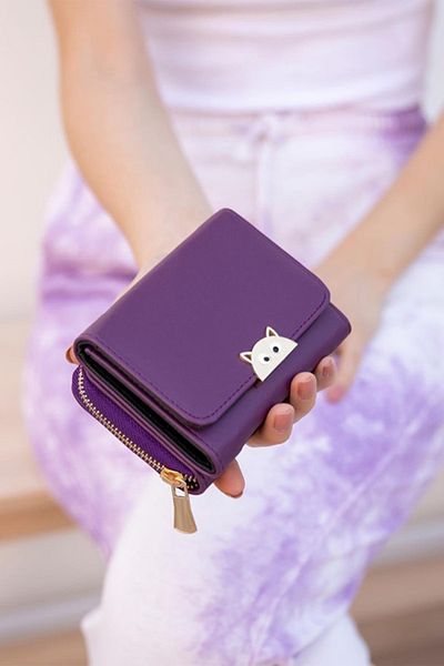 Hmt Cüzdan Women's Purple Cat Hand Wallet with Buckle and Zipper Compartment Ollbag Exclusive