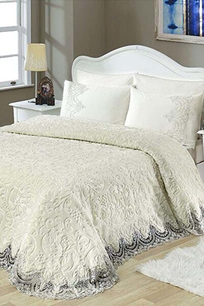 Siste Regn Fransız Dantelli Çift Kişilik Pudra Battaniye Takımı Çeyizlik Yatak Örtüsü Seti