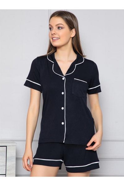 BAHHAR Set de pijamale pentru femei cu țesătură Viscon - guler cămașă și pantaloni scurți cu mânecă scurtă