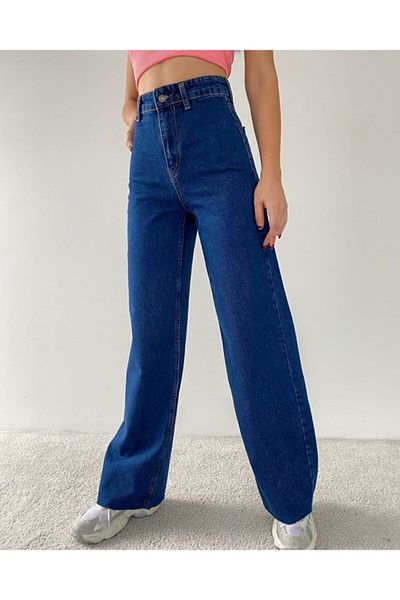 Trn JNS Μπλε 90's Dark Blue Lycra Super Extra High Waist Palazzo Loose Jean Παντελόνι (Φαρδύ πόδι)