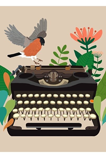 Universal Poster decorativ din lemn cu pasăre și mașină de scris