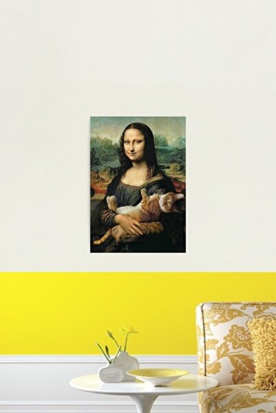 Universal Bir Kedi Tutan Mona Lisa Tablo Ahşap Poster Dekoratif