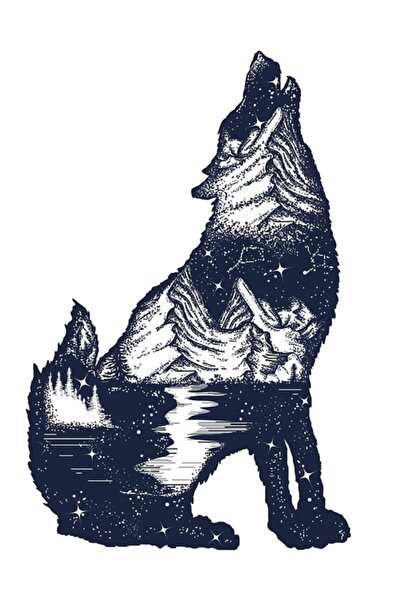 Universal Διακοσμητική Ξύλινη Αφίσα με Σχέδιο Λύκου σε Διπλή Προβολή