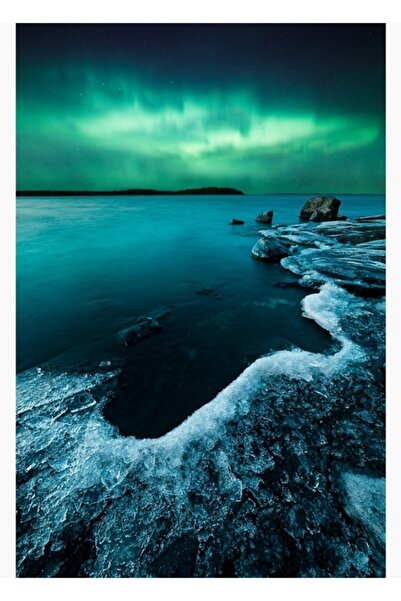 Universal Göl Kıyısında Buz Ve Kuzey Işıkları Manzarası Tablo Ahşap Poster Dekoratif