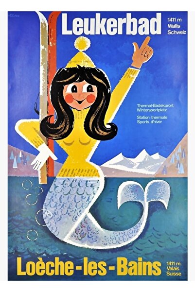 Universal Leukerbad, Stație Termală, Tablou Poster Schi, Poster din Lemn Deco...