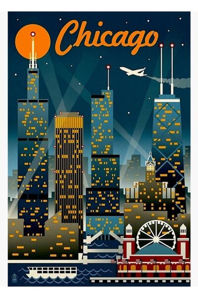 Universal Chicago; Tablou decorativ din lemn cu afișaj publicitar de călătorie