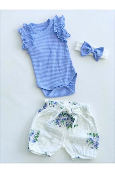 Kidaxi 3 Piece Set with Organic Muslin Shorts, Flower Pattern, Ruffle Sleeves...