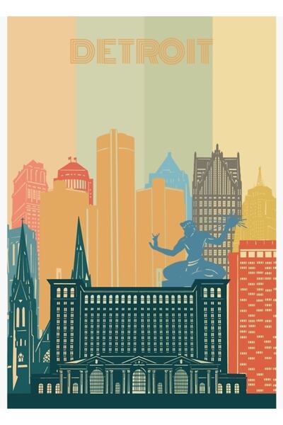 Universal Διακοσμητική ξύλινη αφίσα με σκίτσο της Ντιτρόιτ