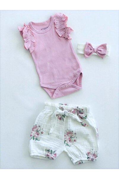 Kidaxi 3 Piece Set with Organic Muslin Shorts, Flower Pattern, Ruffle Sleeves...