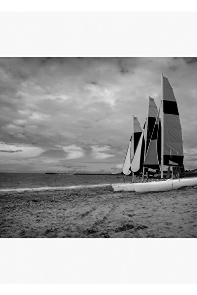 Universal Μαύρο και άσπρο ιστιοπλοϊκά σκάφη στην παραλία Πίνακας Ξύλινη αφίσα...