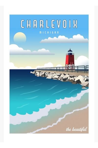 Universal Διακοσμητική ξύλινη αφίσα ταξιδιωτικού χάρτη Charlevoix Michigan