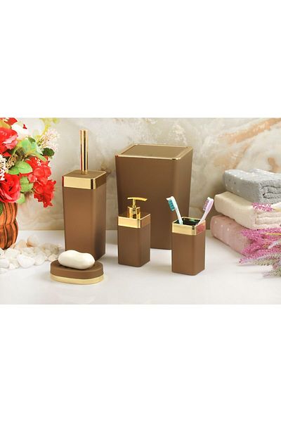 İmera High Quality Soft Texture Square Gold Line 5 Piece Bathroom Set (BROWN)