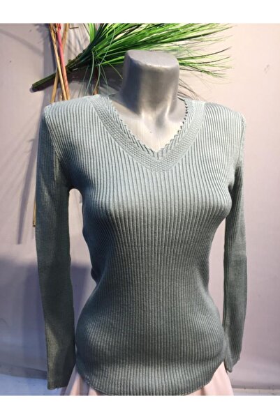 Nacar Kadın Yeşil Esnek Likralı Triko Body Kazak